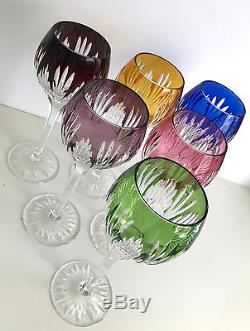 BOHEMIAN MULTI COLOR CASED CUT TO CLEAR CRYSTAL 8 WINE GOBLETS Set of 6