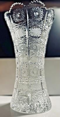 BOHEMIAN QUEENS LACE CRYSTAL CUT GLASS VASE 10 H. Signed by Artist