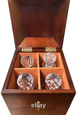 BOMBAY COMPANY Mahogany Box with 4 Beautiful Cut-Glass Crystal Decanters