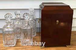 BOMBAY COMPANY Mahogany Box with 4 Beautiful Cut-Glass Crystal Decanters