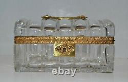 Baccarat Cut Box, Hand Cut Crystal with Domed Lid and Bronze Handle RARE