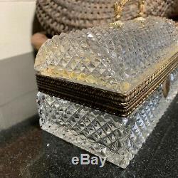 Baccarat Diamond Cut Crystal, Bronze Dore & Handled Hinged Dome Lid Casket Box