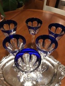 Baccarat Harcourt Cut Crystal Cobalt Blue And Clear Wine Glasses Set Of 6