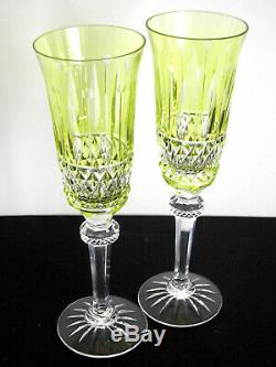 Baccarat Lorraine Lime Peridot Cased Cut Clear Crystal 8 Champagne Flutes