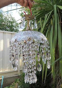 Beaded Amethyst cut crystal SWAG waterfall vintage Lamp Chandelier brass glass