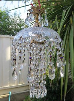 Beaded Amethyst cut crystal SWAG waterfall vintage Lamp Chandelier brass glass