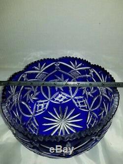 Beautiful Cobalt Blue Bohemian Czech Cut to Clear Glass Crystal Bowl 9x4