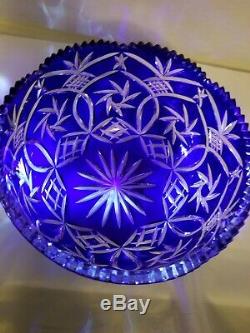 Beautiful Cobalt Blue Bohemian Czech Cut to Clear Glass Crystal Bowl 9x4