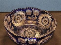 Beautiful Large Cut to Clear Blue Cobalt Crystal Bowl with Floral Pattern