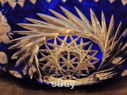 Beautiful Large Cut to Clear Blue Cobalt Crystal Bowl with Floral Pattern