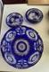 Beautiful Large Cut to Clear Blue Cobalt Crystal Bowl with Floral Pattern Set