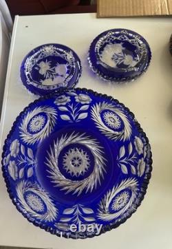 Beautiful Large Cut to Clear Blue Cobalt Crystal Bowl with Floral Pattern Set