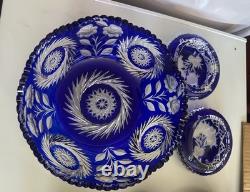 Beautiful Large Cut to Clear Blue Cobalt Crystal Bowl with Floral Pattern Set