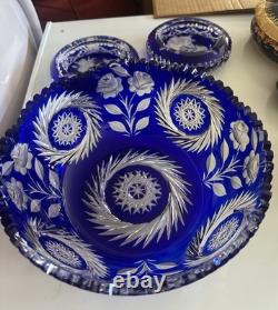 Beautiful Large Cut to Clear Blue Cobalt Crystal Bowl with Floral Pattern Set