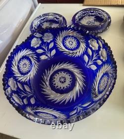 Beautiful Large Cut to Clear Blue Cobalt Crystal Bowl with Floral Pattern Set