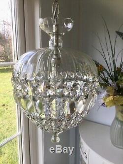 Beautiful Large Domed Bag Cut Glass & Crystal Vintage Chandelier Pendant Light