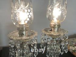 Beautiful Pair Vintage Glass Etched Parlor Table Lamps Prisms Boudoir