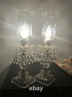 Beautiful Pair Vintage Glass Etched Parlor Table Lamps Prisms Boudoir