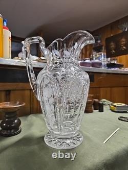 Big Antique Rare Signed Hawkes American Brilliant Cut Flower Glass Pitcher Ewer