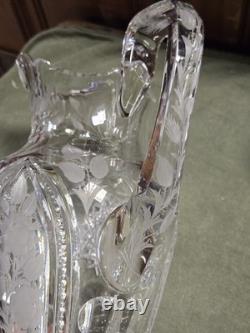 Big Antique Rare Signed Hawkes American Brilliant Cut Flower Glass Pitcher Ewer