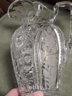 Big Antique Rare Signed Hawkes American Brilliant Cut Flower Glass Pitcher Ewer
