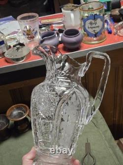 Big Antique Rare Signed Hawkes American Brilliant Cut Flower Glass Pitcher Ewer
