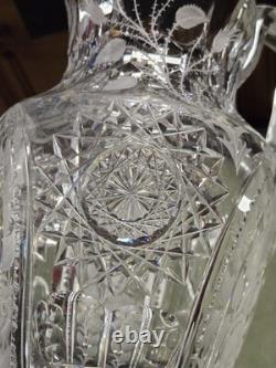 Big Antique Rare Signed Hawkes American Brilliant Cut Flower Glass Pitcher Ewer