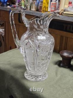 Big Antique Rare Signed Hawkes American Brilliant Cut Flower Glass Pitcher Ewer