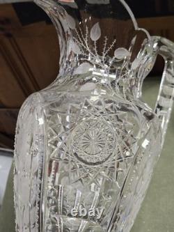Big Antique Rare Signed Hawkes American Brilliant Cut Flower Glass Pitcher Ewer