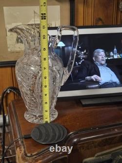 Big Antique Rare Signed Hawkes American Brilliant Cut Flower Glass Pitcher Ewer