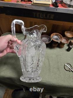 Big Antique Rare Signed Hawkes American Brilliant Cut Flower Glass Pitcher Ewer