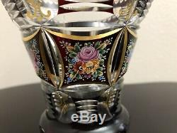 Black Cut To Clear Moser Bohemian Crystal Vase With Enamel Flowers And Gold Trim