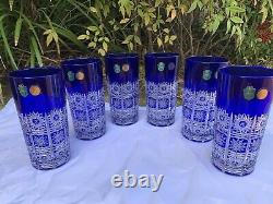 Bohemia Cobalt Blue Queen Lace Hand Cut 24% Lead Crystal Water Glass 12 Oz 6 Pc