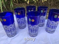 Bohemia Cobalt Blue Queen Lace Hand Cut 24% Lead Crystal Water Glass 12 Oz 6 Pc