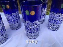 Bohemia Cobalt Blue Queen Lace Hand Cut 24% Lead Crystal Water Glass 12 Oz 6 Pc