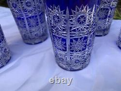 Bohemia Cobalt Blue Queen Lace Hand Cut 24% Lead Crystal Water Glass 12 Oz 6 Pc