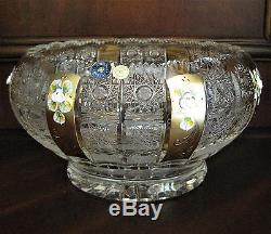 Bohemia Crystal Bowl with Gold Stripes & Painting, 10 Wide, hand cut, Queenlace
