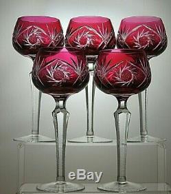 Bohemia Crystal Cut To Clear Cranberry/ Red Wine Hock Glasses Set Of 5 7 2/3