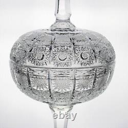 Bohemia Crystal Queens Lace Cut Covered Compote, Vintage Hand Cut 12 with Lid
