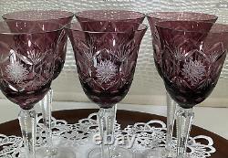 Bohemia Cut to Clear Glass 7 3/4 Set of 6 Amethyst Wine Glasses See Video