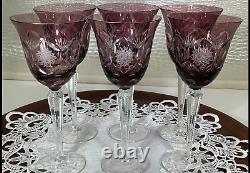Bohemia Cut to Clear Glass 7 3/4 Set of 6 Amethyst Wine Glasses See Video