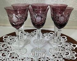 Bohemia Cut to Clear Glass 7 3/4 Set of 6 Amethyst Wine Glasses See Video