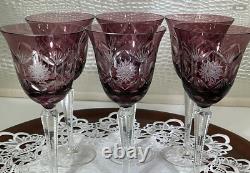 Bohemia Cut to Clear Glass 7 3/4 Set of 6 Amethyst Wine Glasses See Video