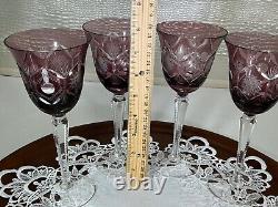 Bohemia Cut to Clear Glass 7 3/4 Set of 6 Amethyst Wine Glasses See Video
