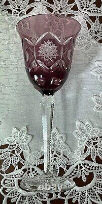Bohemia Cut to Clear Glass 7 3/4 Set of 6 Amethyst Wine Glasses See Video