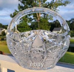 Bohemia Czech Cut Crystal Basket Glass VTG Large 11×10×9 Crosshatch Hobstar