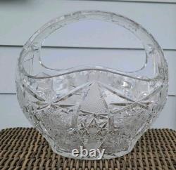 Bohemia Czech Cut Crystal Basket Glass VTG Large 11×10×9 Crosshatch Hobstar
