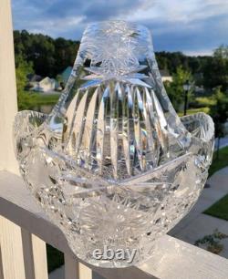 Bohemia Czech Cut Crystal Basket Glass VTG Large 11×10×9 Crosshatch Hobstar