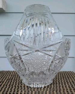 Bohemia Czech Cut Crystal Basket Glass VTG Large 11×10×9 Crosshatch Hobstar