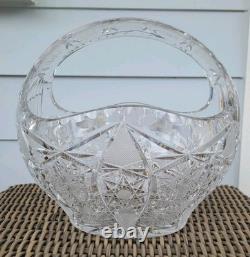 Bohemia Czech Cut Crystal Basket Glass VTG Large 11×10×9 Crosshatch Hobstar